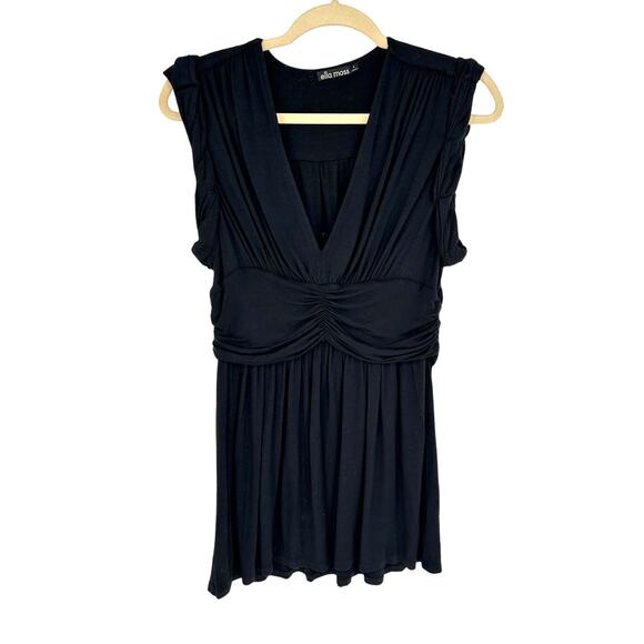 Ella Moss Tunic Black Pleating V-Neck Sleeveless Ruching Boho Stretch Casual L - Picture 1 of 8